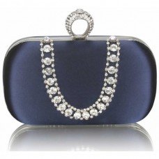 Navy Sparkly Satin Crystal Evening Clutch Bag